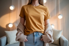 Mustard tee light wash jeans cardigan mockup clothing Product Image 1