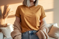 Mustard shirt light jeans cozy cardigan mockup clothing Product Image 1