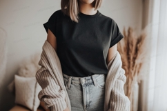 Dark grey t shirt light blue jeans beige cardigan clothing Product Image 1