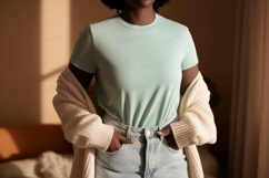 Mint tee light jeans cream cardigan mockup clothing Product Image 1