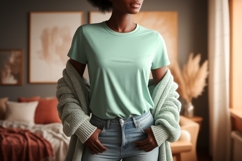 Woman wearing mint t shirt and cardigan image Product Image 1