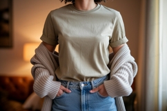 Olive tee blue jeans cardigan mockup apparel Product Image 1