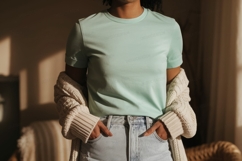 Person wearing mint t shirt and denim jeans image Product Image 1