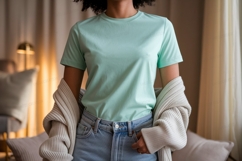 Mint green t shirt light blue jeans neutral cardigan Product Image 1