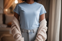 Woman wearing blue t shirt and cardigan image Product Image 1