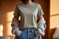 Olive green t shirt with blue jeans and cardigan image Product Image 1