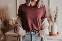 Maroon shirt light jeans cozy cardigan image Product Image 1