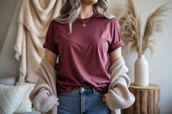 Maroon t shirt with cardigan and jeans image Product Image 1