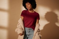 Woman wearing maroon t shirt and cardigan image Product Image 1