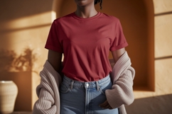 Woman wearing red shirt and jeans casual Product Image 1