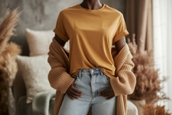 Mustard tee light denim jeans cardigan mockup Product Image 1
