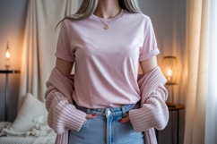 Pink shirt blue jeans cardigan mockup Product Image 1