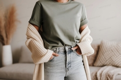 Sage green t shirt light wash denim image Product Image 1