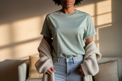 Woman wearing green t shirt and denim jeans Product Image 1
