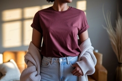 Maroon shirt light jeans cardigan image Product Image 1