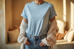 Light blue t shirt and beige cardigan mockup image Product Image 1