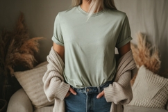 Woman wearing green t shirt and cardigan image Product Image 1