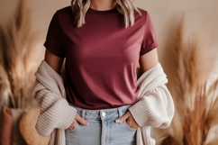 Maroon shirt light cardigan denim jeans beige Product Image 1