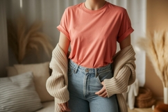 Coral shirt denim jeans knit cardigan mockup Product Image 1