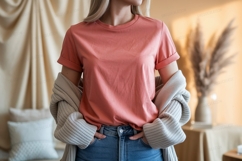 Coral shirt blue jeans knit cardigan image Product Image 1