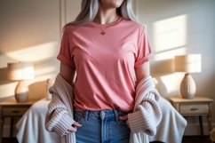 Coral shirt blue jeans knit cardigan image Product Image 1