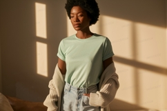 Woman wearing mint t shirt and cardigan image Product Image 1