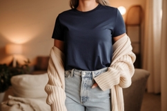 Navy shirt light jeans cream cardigan mockup apparel Product Image 1