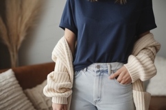 Navy blue t shirt cream cardigan light wash denim mockup Product Image 1