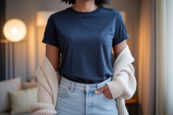 Dark blue shirt light jeans cream cardigan image Product Image 1