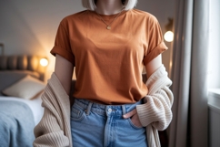 Orange shirt blue jeans cardigan image Product Image 1