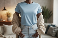 Light blue t shirt and beige cardigan image Product Image 1