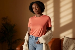 Woman wearing coral t shirt and denim jeans image Product Image 1