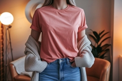 Peach t shirt denim jeans cardigan image Product Image 1