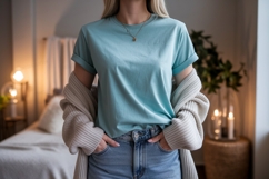 Woman wearing blue t shirt and cardigan image Product Image 1