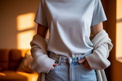 Light grey t shirt light blue jeans cardigan casual Product Image 1