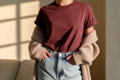 Maroon shirt light jeans cardigan image Product Image 1