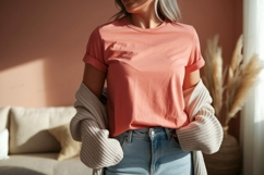 Coral shirt with denim jeans and cardigan image Product Image 1