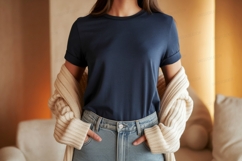 Navy blue t shirt with cream cardigan image Product Image 1