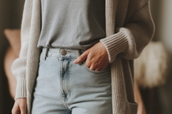 Casual beige cardigan light blue jeans image Product Image 1
