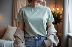 Woman wearing green t shirt and blue jeans image Product Image 1