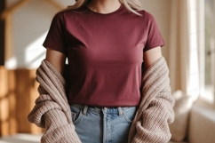 Maroon shirt denim jeans knit cardigan Product Image 1