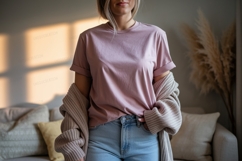 Woman wearing pink t shirt and jeans image Product Image 1
