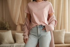 Pink shirt light jeans cardigan clothing Product Image 1