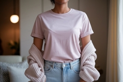 Pink shirt light jeans cozy cardigan mockup apparel Product Image 1