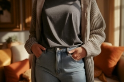 Gray knit cardigan over charcoal t shirt light denim jeans Product Image 1