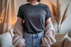 Dark grey t shirt light blue jeans beige cardigan apparel Product Image 1