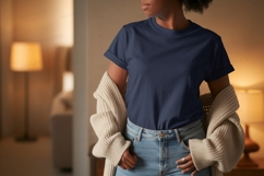 Woman wearing navy t shirt and beige cardigan image Product Image 1