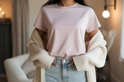Pink shirt light blue jeans cream cardigan denim Product Image 1