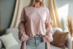 Pink shirt mockup with cardigan jeans Product Image 1