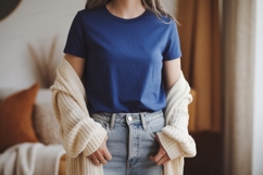 Blue shirt light jeans cream cardigan image Product Image 1